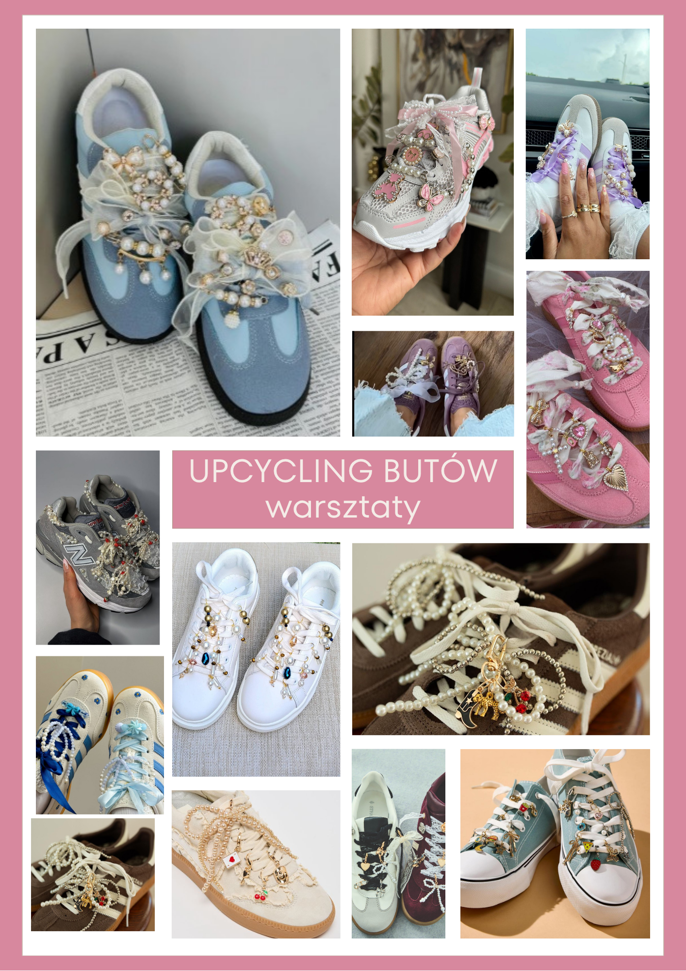 Collage of embellished sneakers adorned with pearls, beads, bows for a upcycling workshop